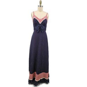 VTG Miss Elliette Maxi Summer Dress Womens 8 Navy Blue Polka Dots Red Gingham